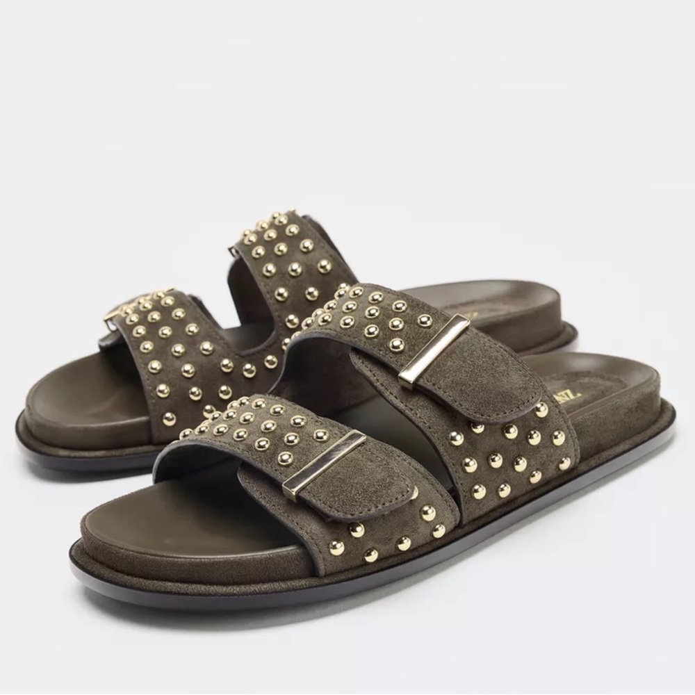 Zara  studded leather buckle sandals, Khaki green